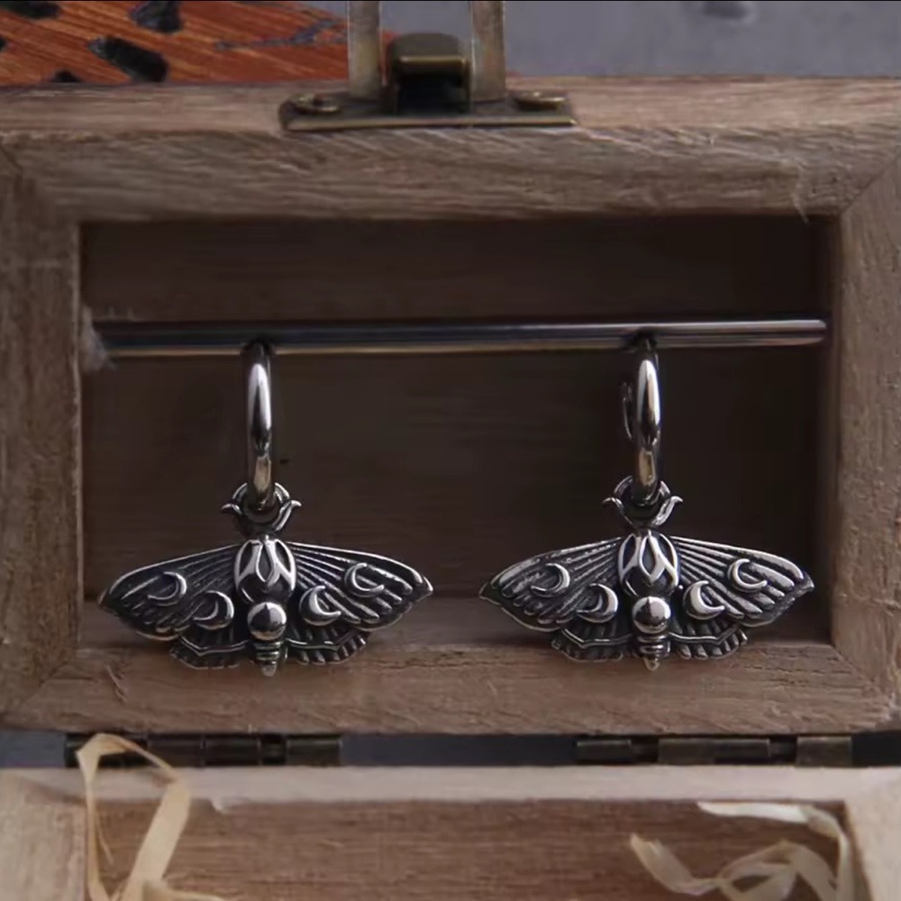 Gothic Silver Moth Earrings